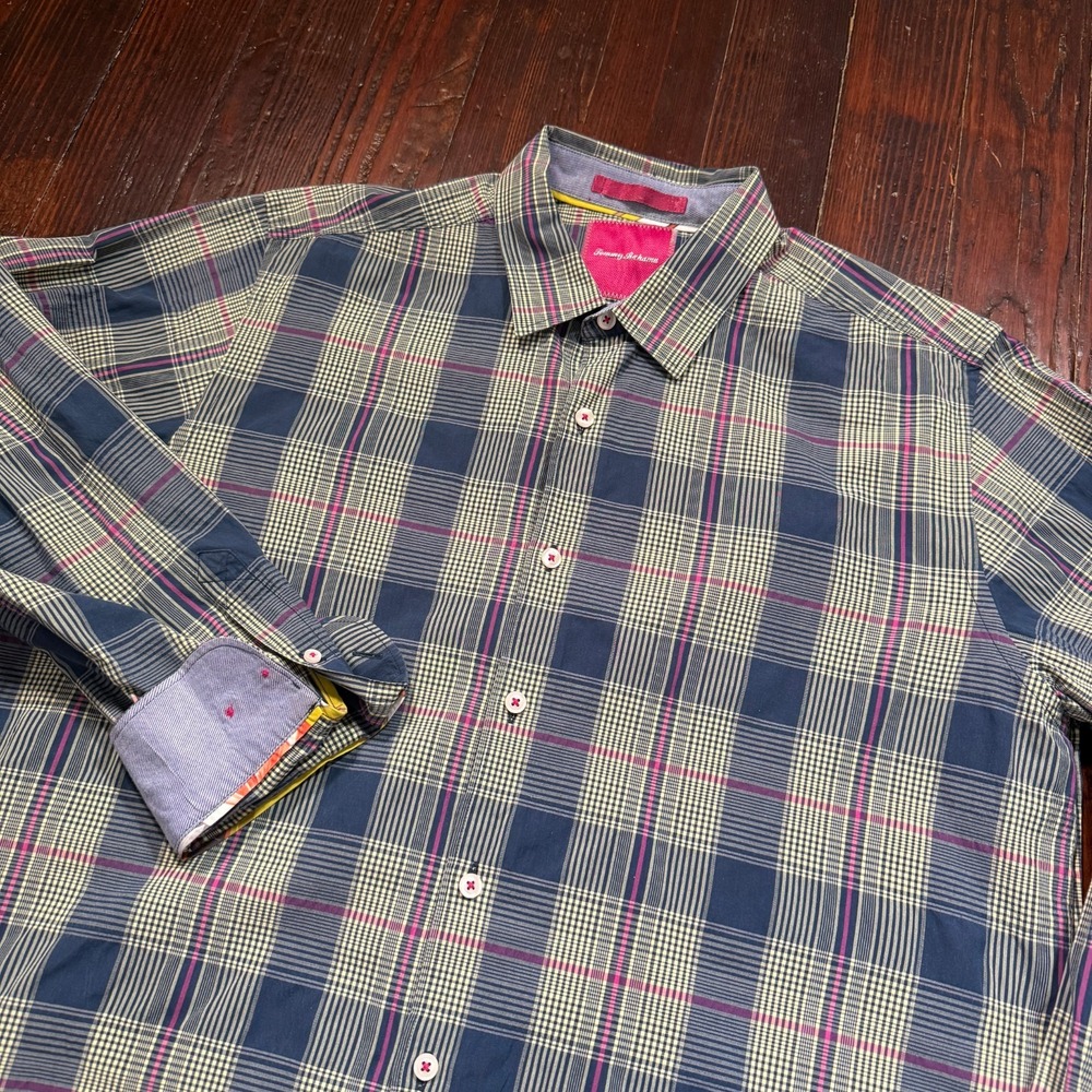 Tommy‎ Bahama Shirt Mens L Blue Plaid Stretch Island Modern Fit Flip Cuff Casual